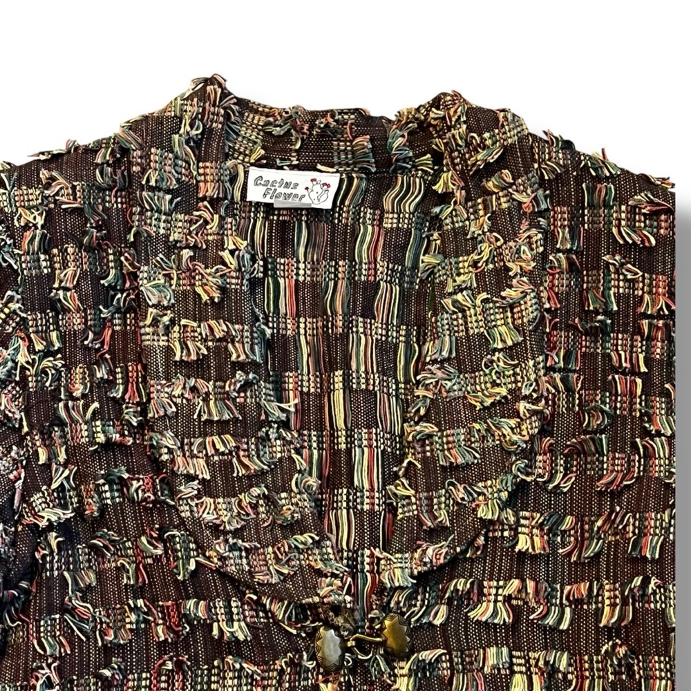 Cactus Flower Fringed Jacket Large Boho Hippie Southwestern Artsy Vintage 80s